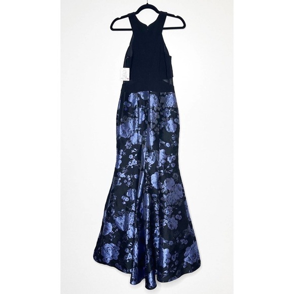 NWT Xscape Floral Mermaid Gown Jacquard Gown Women's Mesh Black Blue Size 6 $250 - Picture 4 of 7